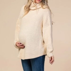 Beige Cowl Neck Knit Maternity Sweater